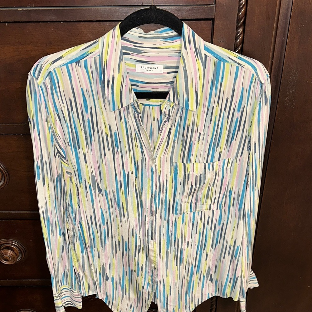 Equipment Multicolor Striped Button-Down Shirt (Blue, Pink, Yellow, White)